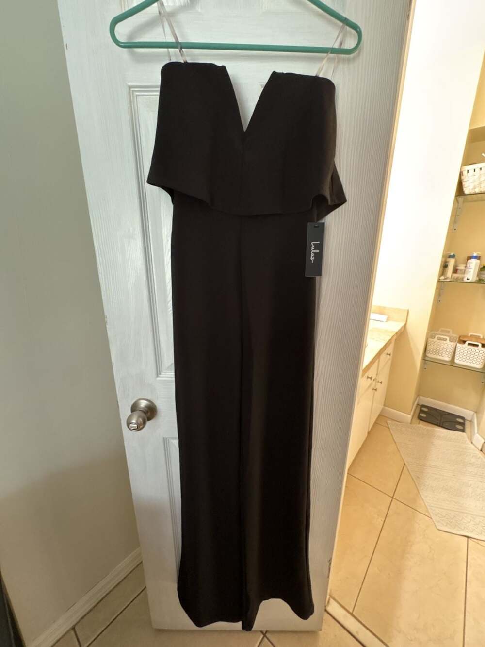Lulus Jumpsuit Size S Black Strapless V-Notch Overlay Wide Leg
